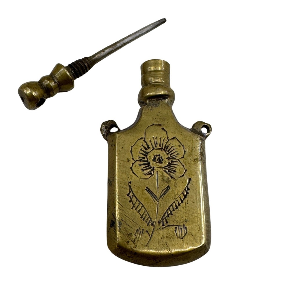 Vintage Bottle Necklace Pendant Brass Perfume Victorian Engraved Floral Poppy